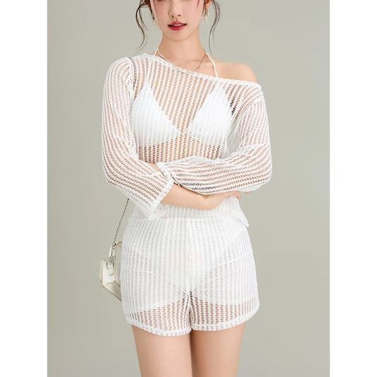 White Hollow-Out Long Sleeve High Waist Swimsuit Set - Best Sellers - Swimsuits - 4