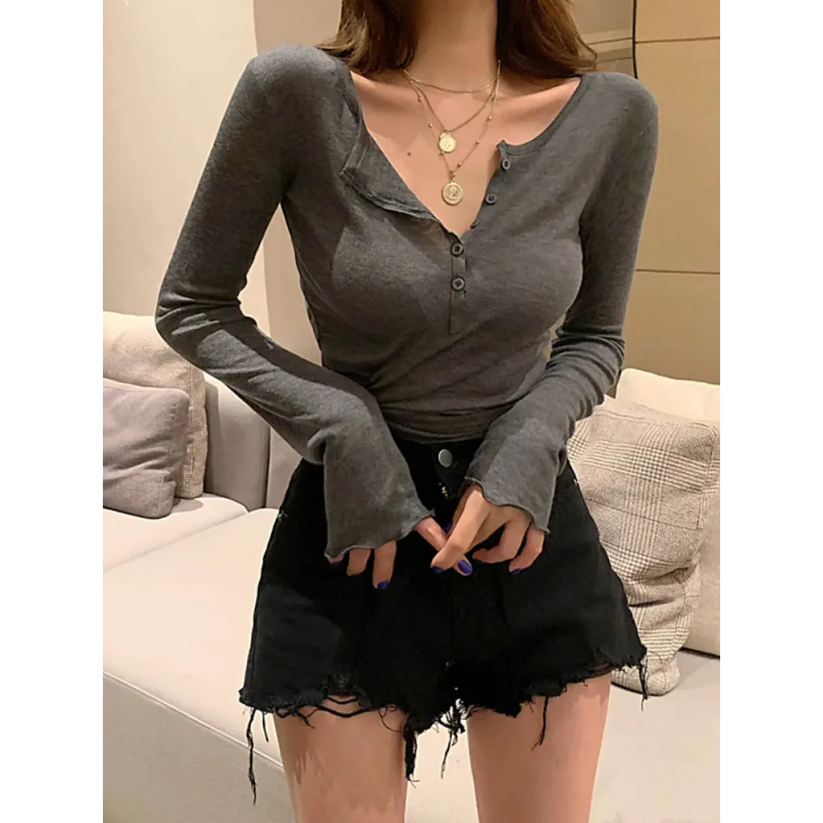 Harajuku V-Neck Button Long Sleeve Tee - Best Sellers - T-Shirts - 1
