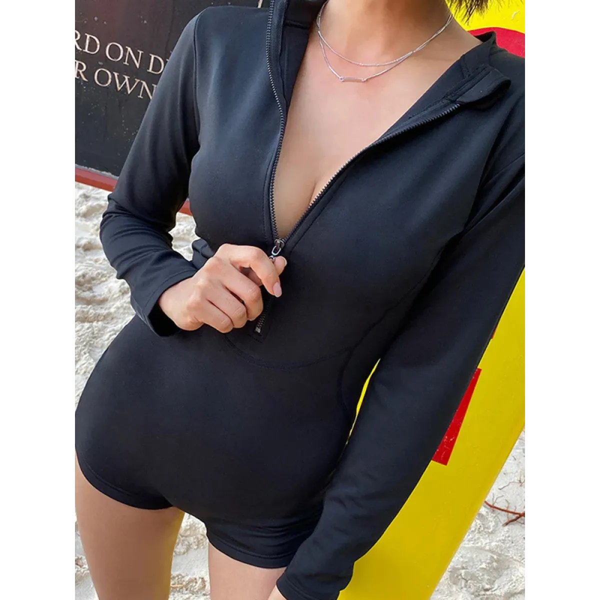 Japanese Style Black Zip Swimsuit with Long Sleeves - Best Sellers - Swimsuits - 5
