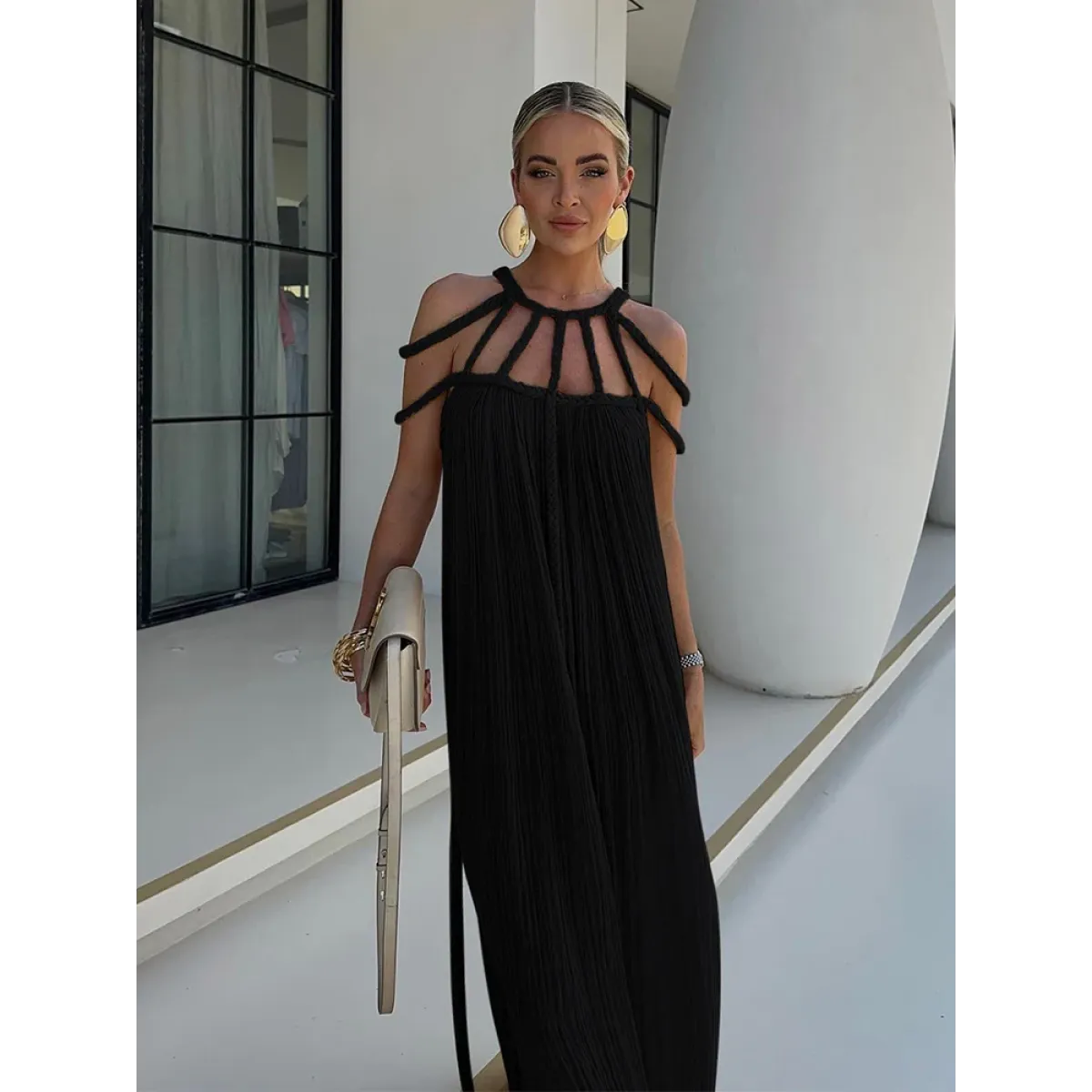 Loose Sleeveless Maxi Beach Dress: Off-Shoulder Crochet Cut-Out Design - All Dresses - 1