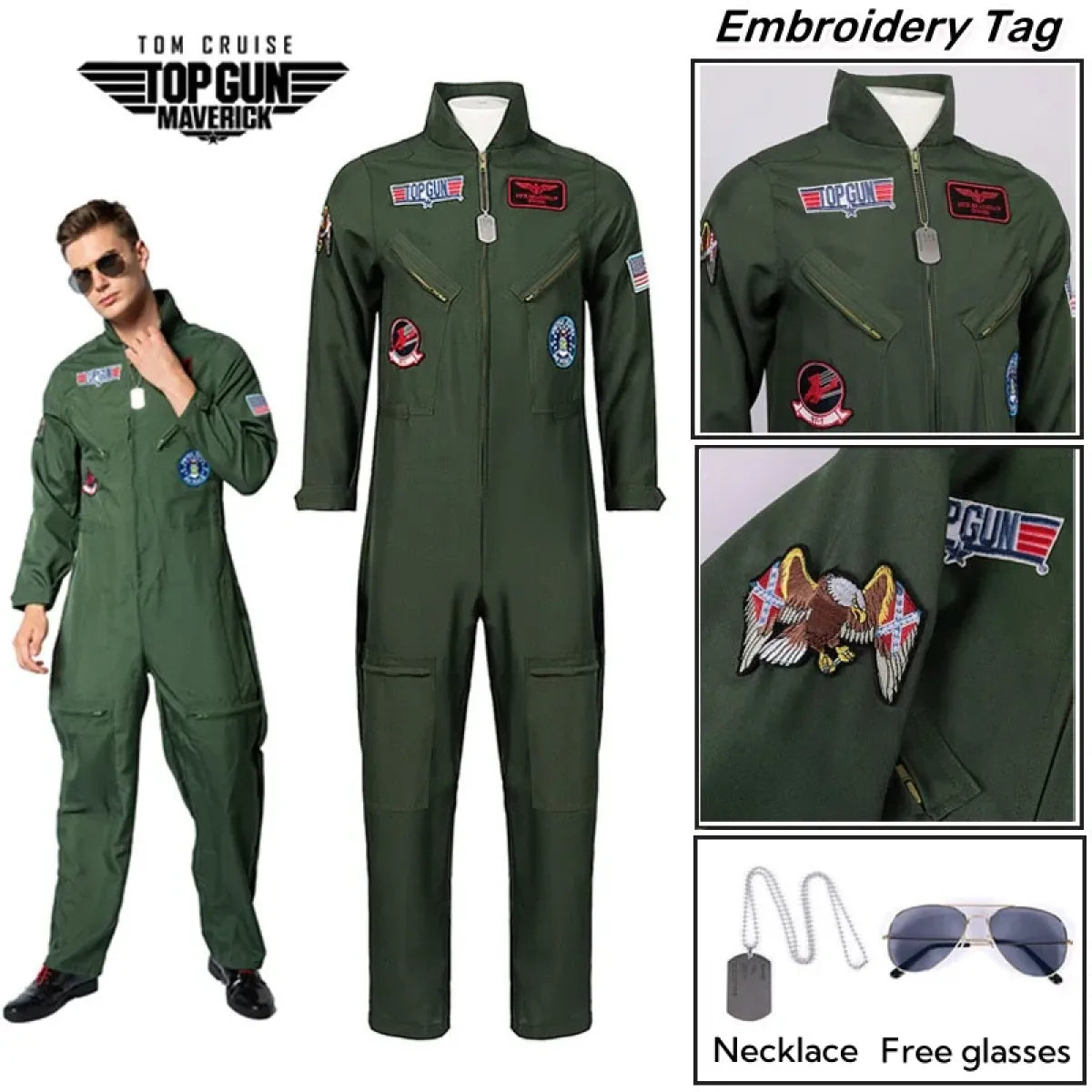 Top Gun Maverick Flight Suit – Pilot Cosplay Costume with Glasses - 🎃 Spooky Season 🎃 - Cosplay - 1