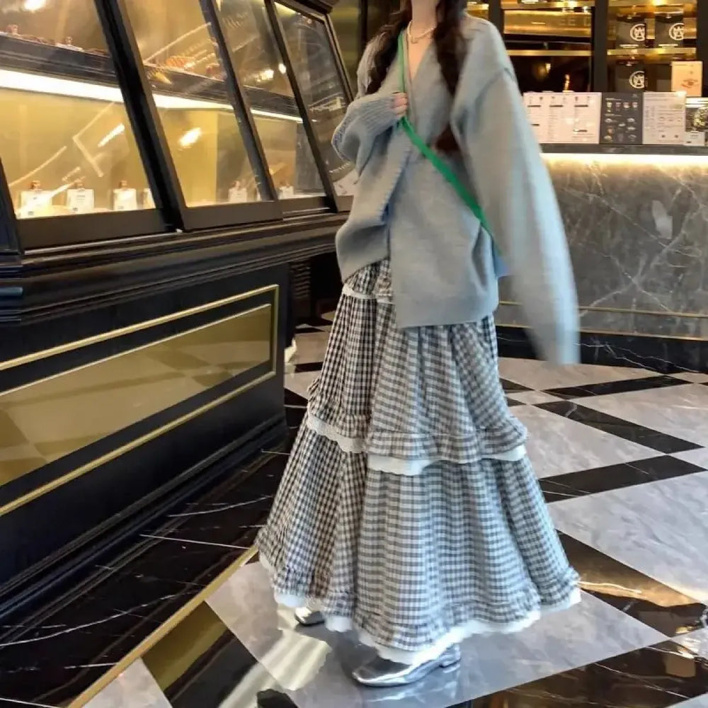 Harajuku Plaid Lace Ruffle A-line Maxi Skirt - Best Sellers - Skirts - 1
