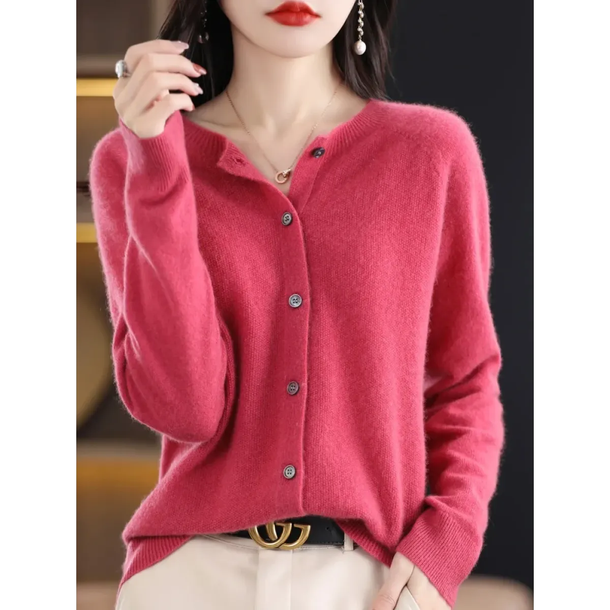 Merino Wool Korean-Style O-Neck Cardigan - Best Sellers - Cardigan - 14