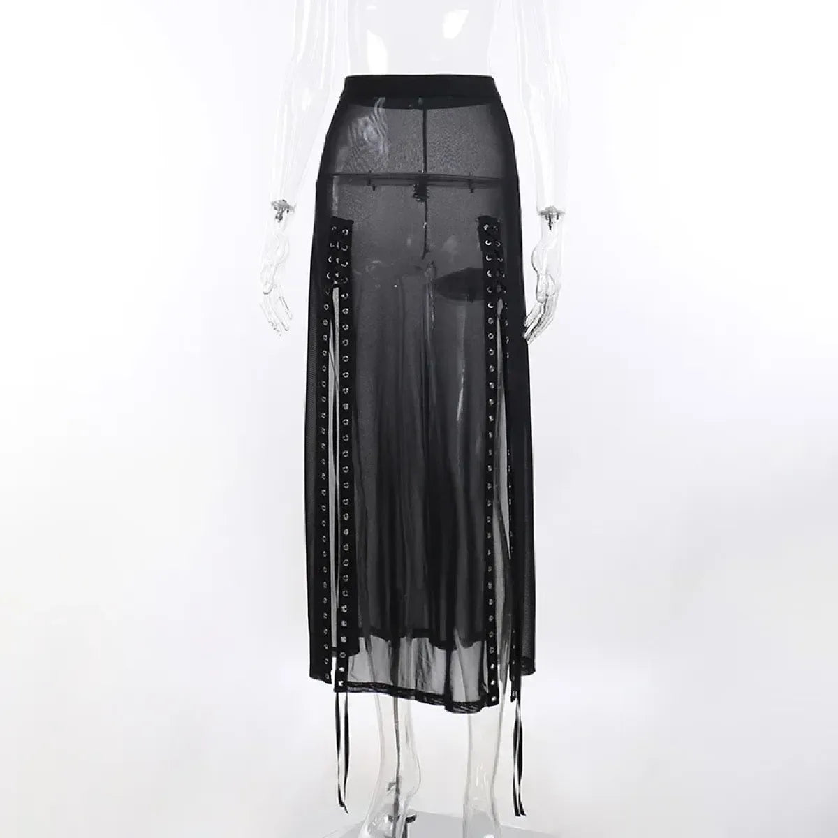 Mesh Gothic Side Slit Skirt – Punk Lace-Up High Waist Maxi Skirt - Best Sellers - Skirts - 8