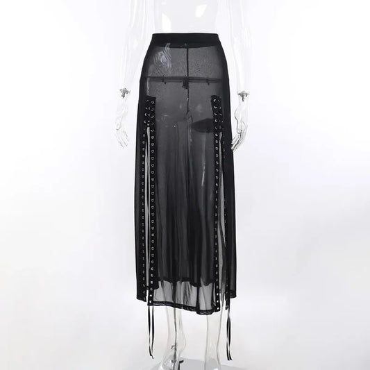 Mesh Gothic Side Slit Skirt – Punk Lace-Up High Waist Maxi Skirt - Best Sellers - Skirts - 8
