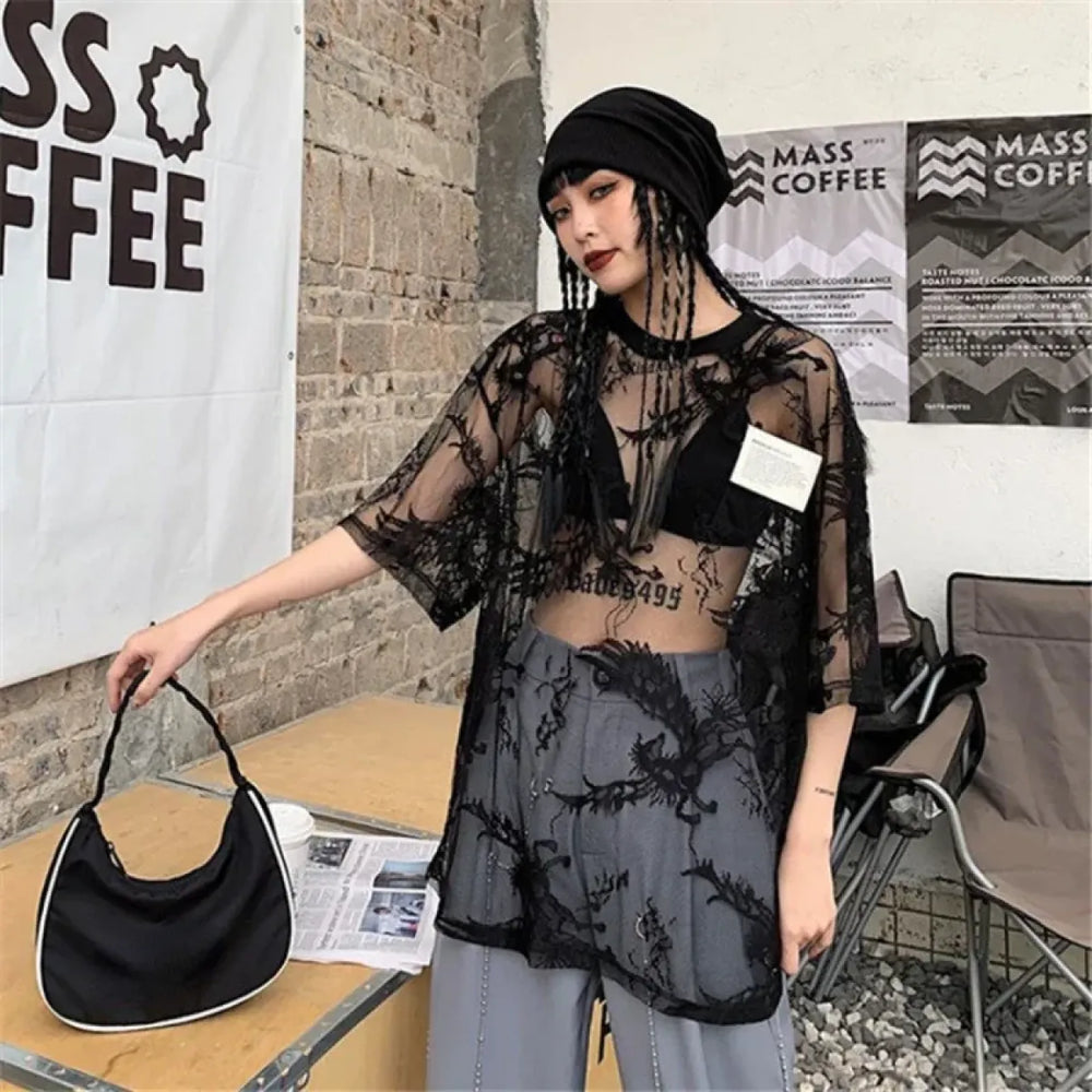 Y2K Mesh Lace Oversized See-Through Tee - Best Sellers - T-Shirt - 1