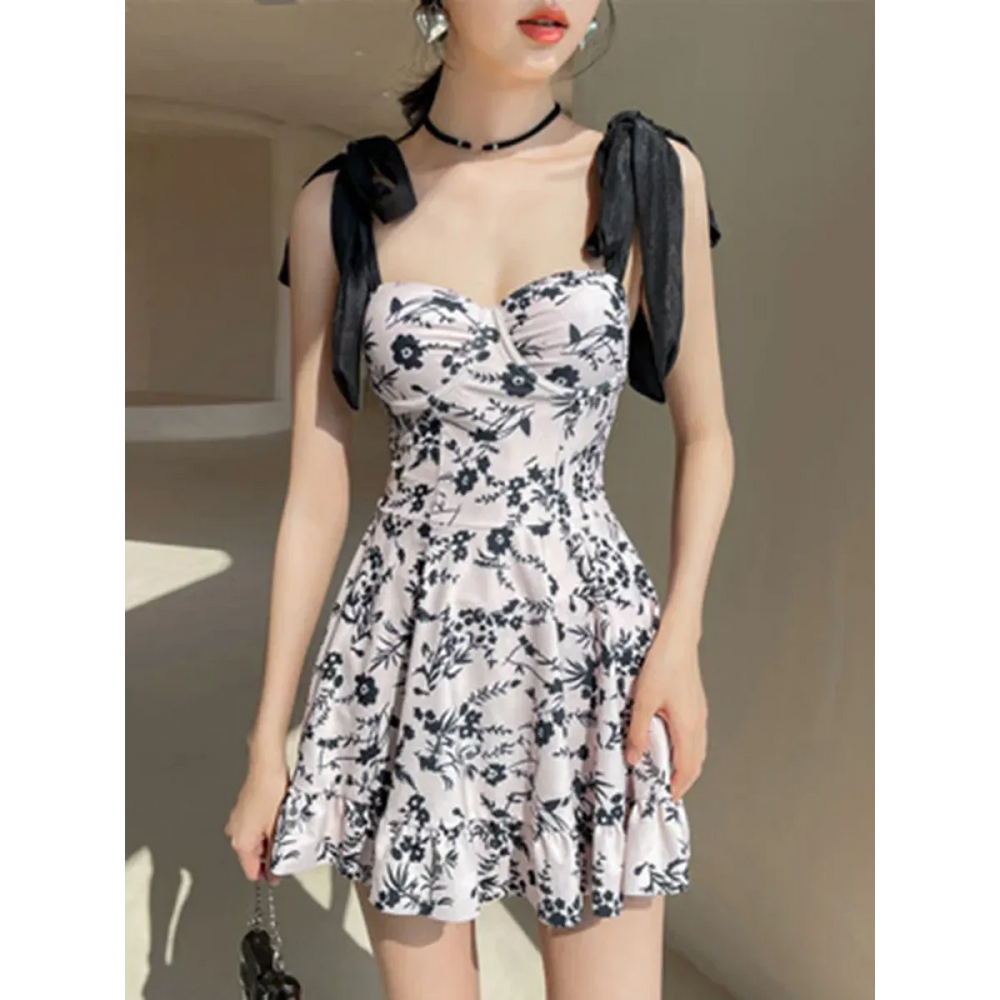 Floral Embroidered Lace-Up Mesh Swimsuit Dress - All Dresses - Swimsuits - 1