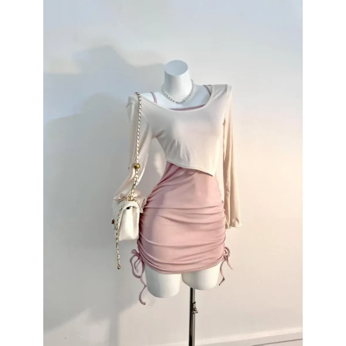 Y2K Bell Sleeve Crop Top & Ruched Mini Dress Set - All Dresses - Sets / Co-ords - 5