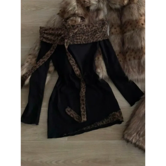 Black Off-Shoulder Mini Dress – Leopard Trim & Belt Detail - All Dresses - Long - Off-Shoulder - Dresses - 2