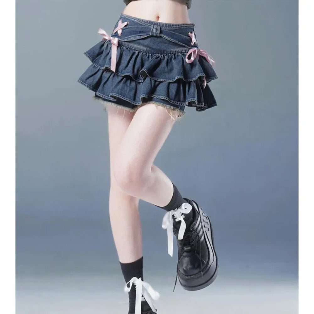 Ruffled Denim Bow Mini Skirt - Best Sellers - Skirts - 1