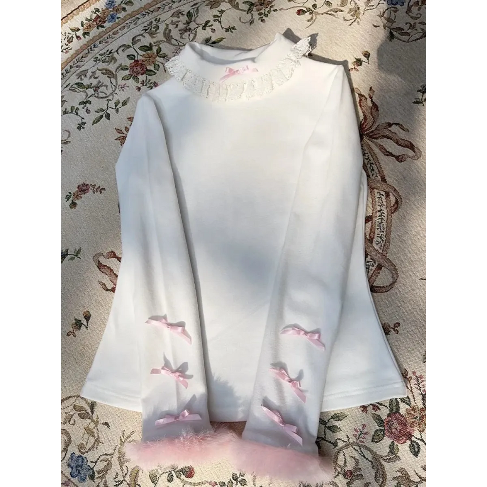 White Lace Trim Top – Pink Bow & Fuzzy Cuff Harajuku Blouse - Best Sellers - Long - Crew - Blouses - 1