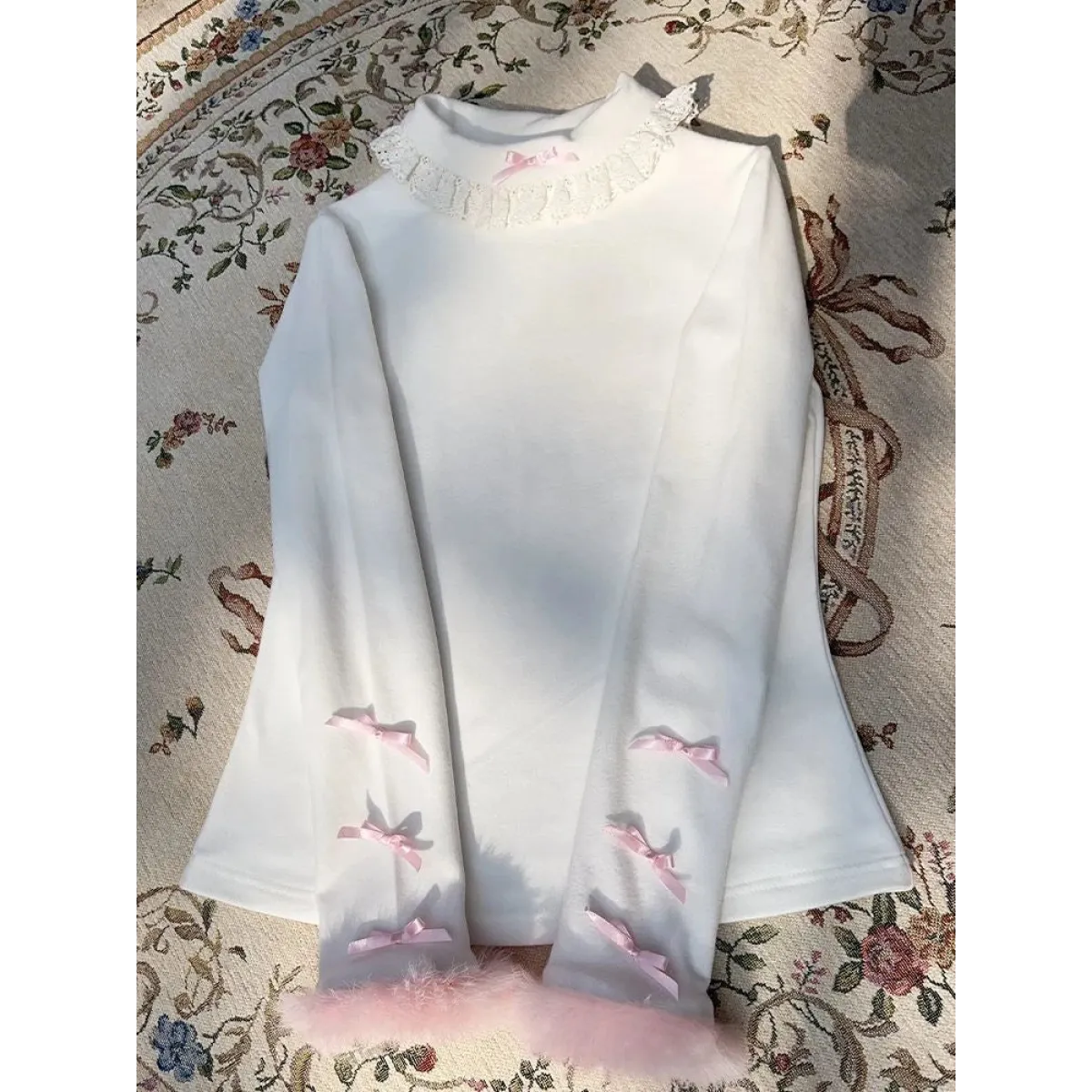 White Lace Trim Top – Pink Bow & Fuzzy Cuff Harajuku Blouse - Best Sellers - Long - Crew - Blouses - 1