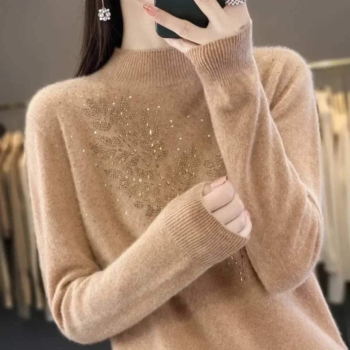 Mock Neck Korean Knit Sweater with Leaf Embellishment - Best Sellers - Sweater / Pullover - 1