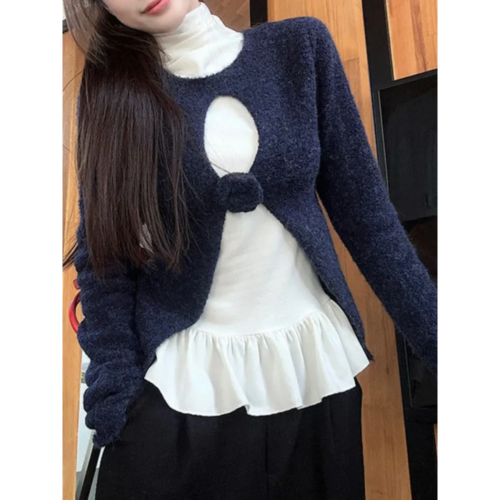 Navy Knit Cutout Sweater & White Peplum Top – Harajuku Set - Best Sellers - Sets - 1
