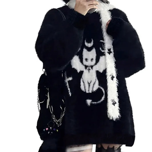 Harajuku Gothic Bat Cat Oversized Knit Sweater - Best Sellers - Sweater / Pullover - 6