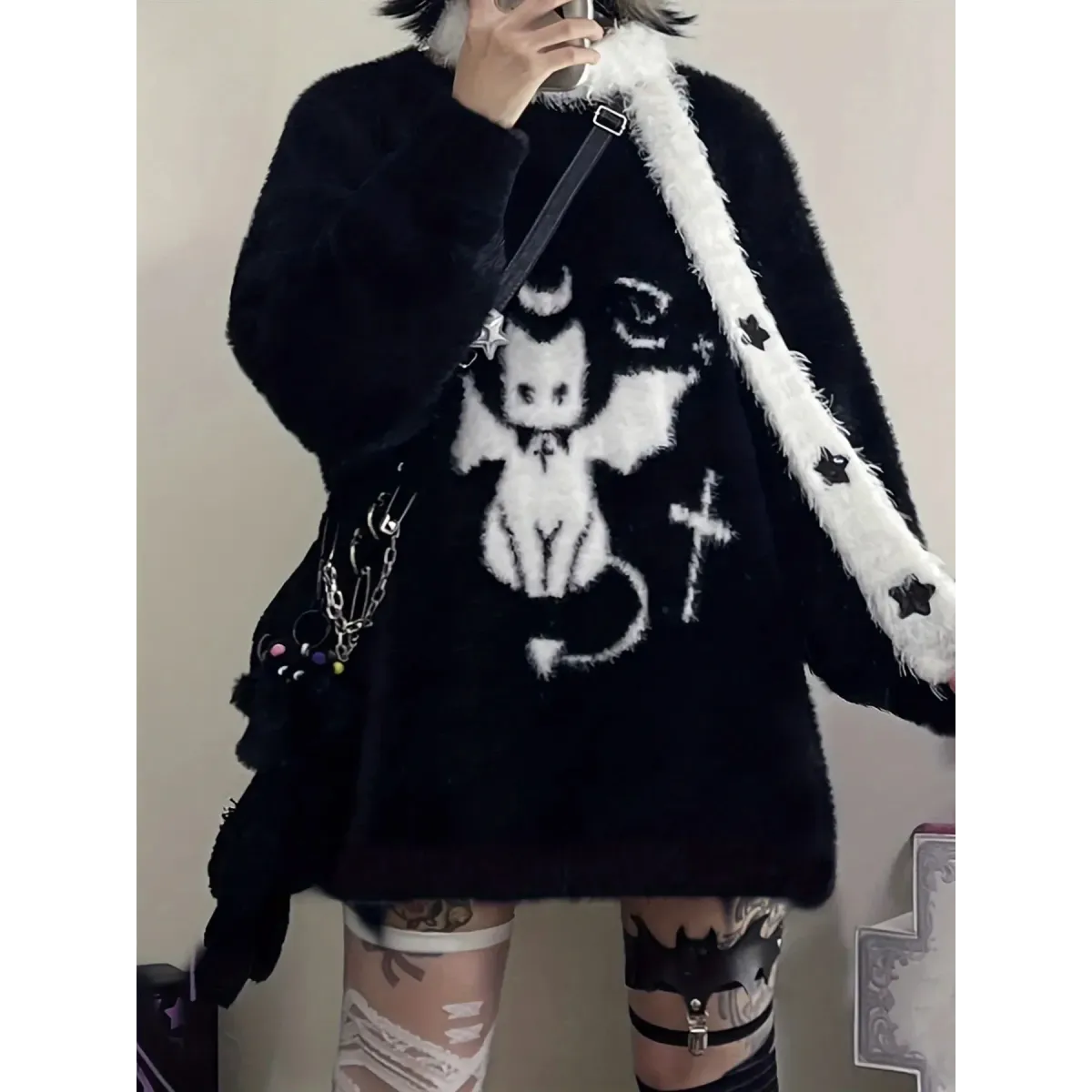 Harajuku Gothic Bat Cat Oversized Knit Sweater - Best Sellers - Sweater / Pullover - 1