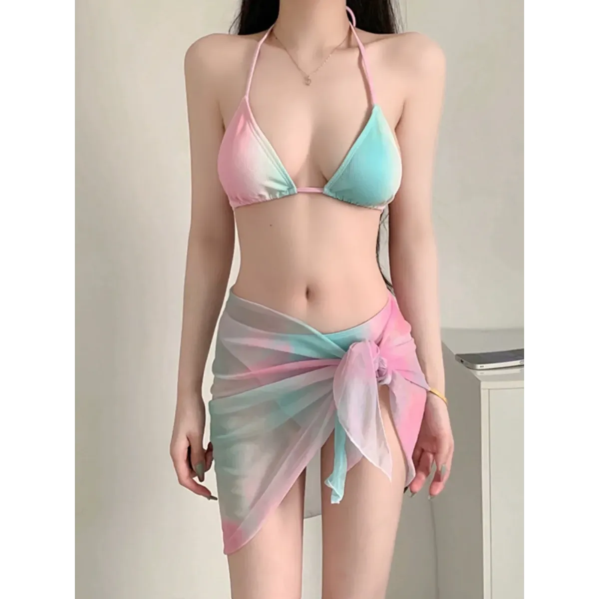 Pastel Gradient Halter Bikini Set – 3PC Korean Swimsuit with Mesh Skirt - Best Sellers - Sleeveless - Swimwear - 1
