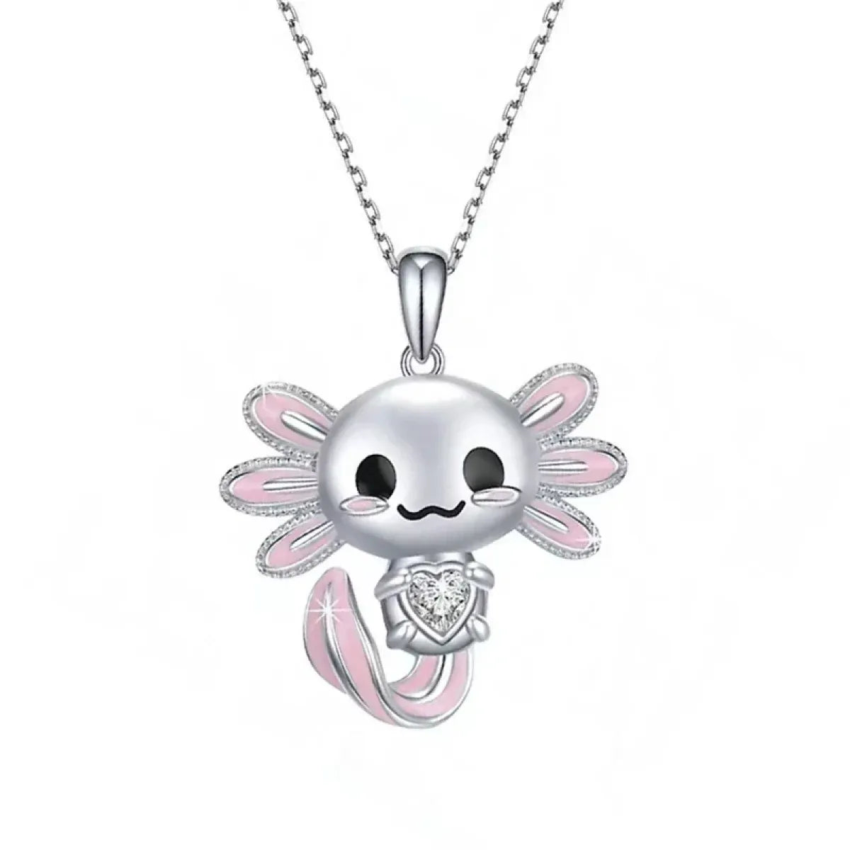 Cute Pink Axolotl Necklace - Enamel Pendant with Crystal Charm - Accessories - Jewelry - 1