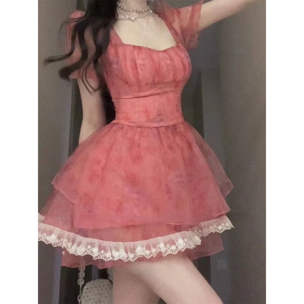 Pink Floral Short Party Dress - All Dresses - 1