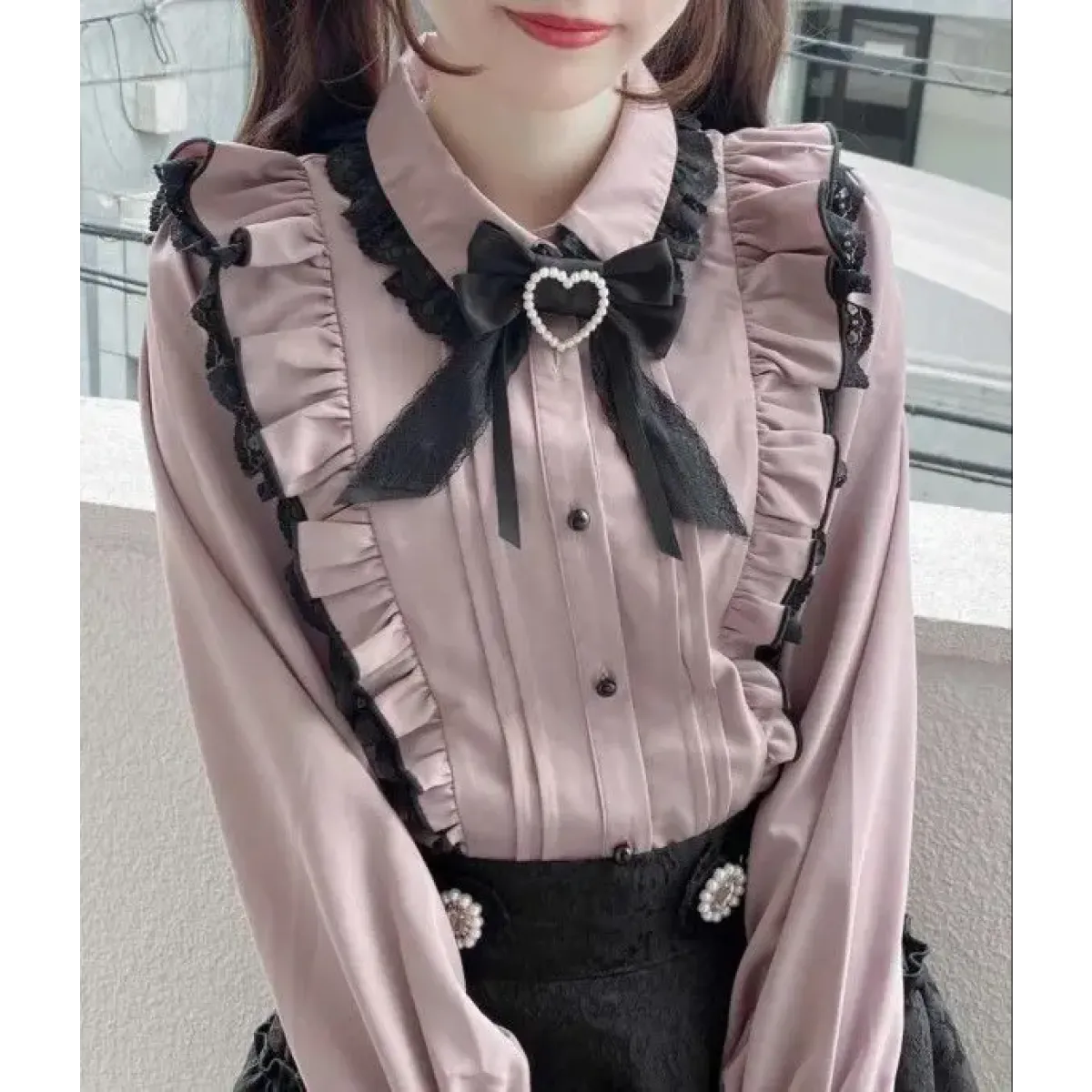 Pink Lace Ruffle Blouse - Kawaii Lolita Bow Top - Early Spring Collection - Short - Shirt - Blouses - 1