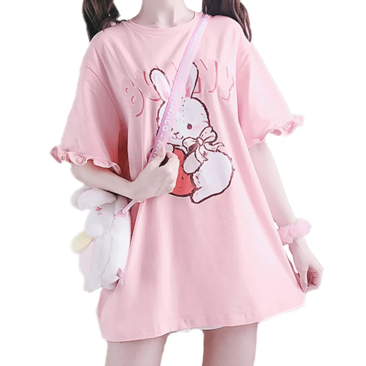 Pink Lolita T-Shirt - Rabbit Print Ruffled Sleeve Top - Early Spring Collection - Short - Crew - T-Shirts - 1
