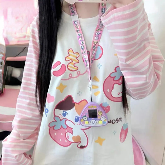 Pink Stripe Cartoon Print T-Shirt – Kawaii Harajuku Top - Best Sellers - Long - Round - T-Shirts - 6