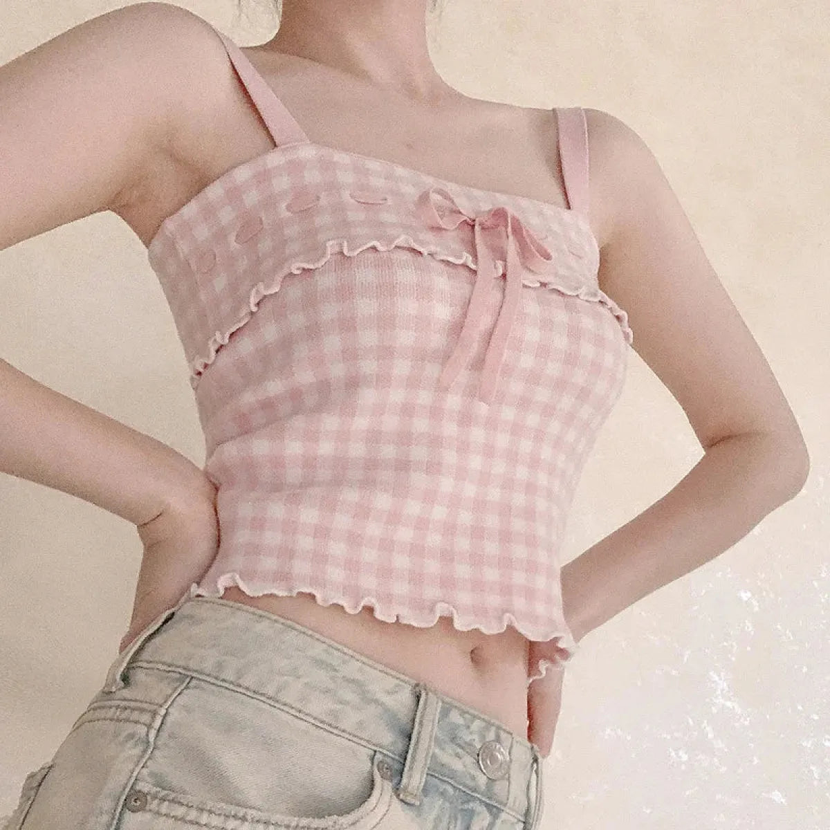 Pink Sweet Plaid Ribbon Crop Top - Best Sellers - Crop Tops - 1