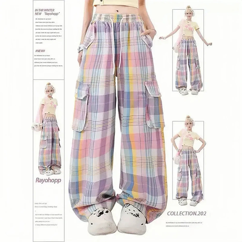 Pastel Plaid Cargo Pants – Y2K Harajuku Streetwear Aesthetic - Best Sellers - Women’s Pants - 1