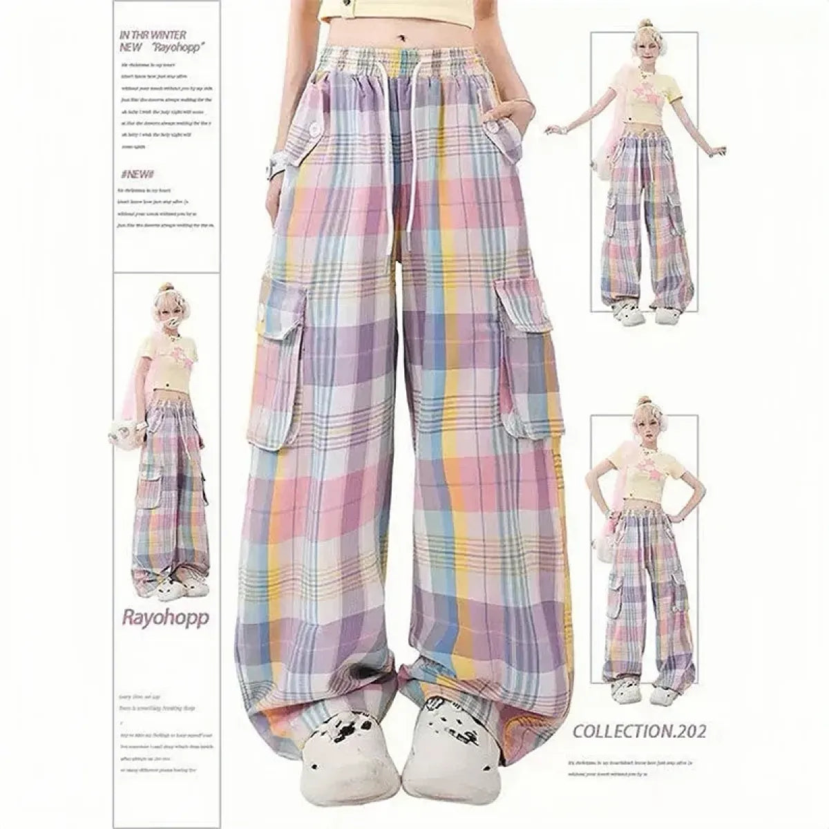 Pastel Plaid Cargo Pants – Y2K Harajuku Streetwear Aesthetic - Best Sellers - Women’s Pants - 1