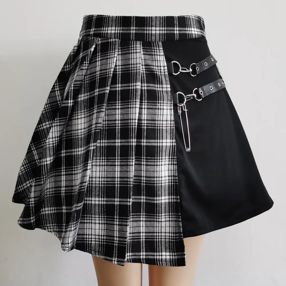 Plaid Gothic Pleated Mini Skirt – Punk Chains & Buckle Accent - Best Sellers - Skirts - 1