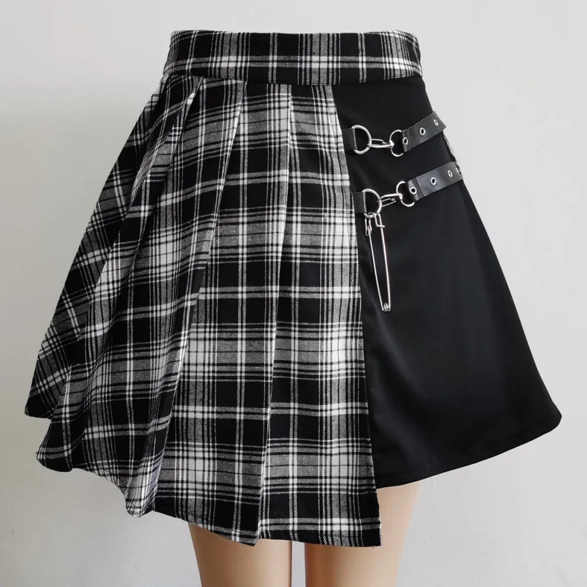 Plaid Gothic Pleated Mini Skirt – Punk Chains & Buckle Accent - Best Sellers - Skirts - 1