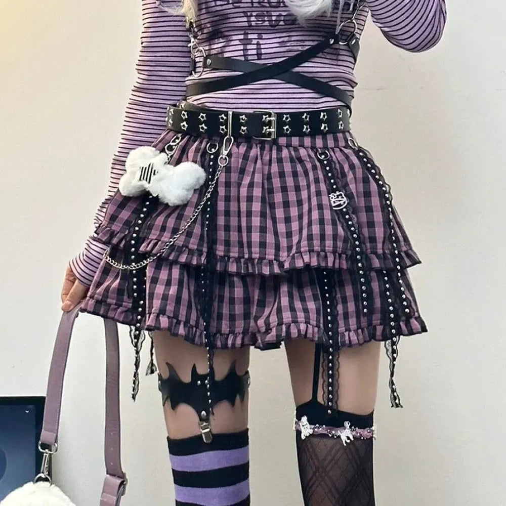 Plaid Layered Skirt – Harajuku Punk Gothic Lolita Style - Best Sellers - Short - Round - Skirts - 1