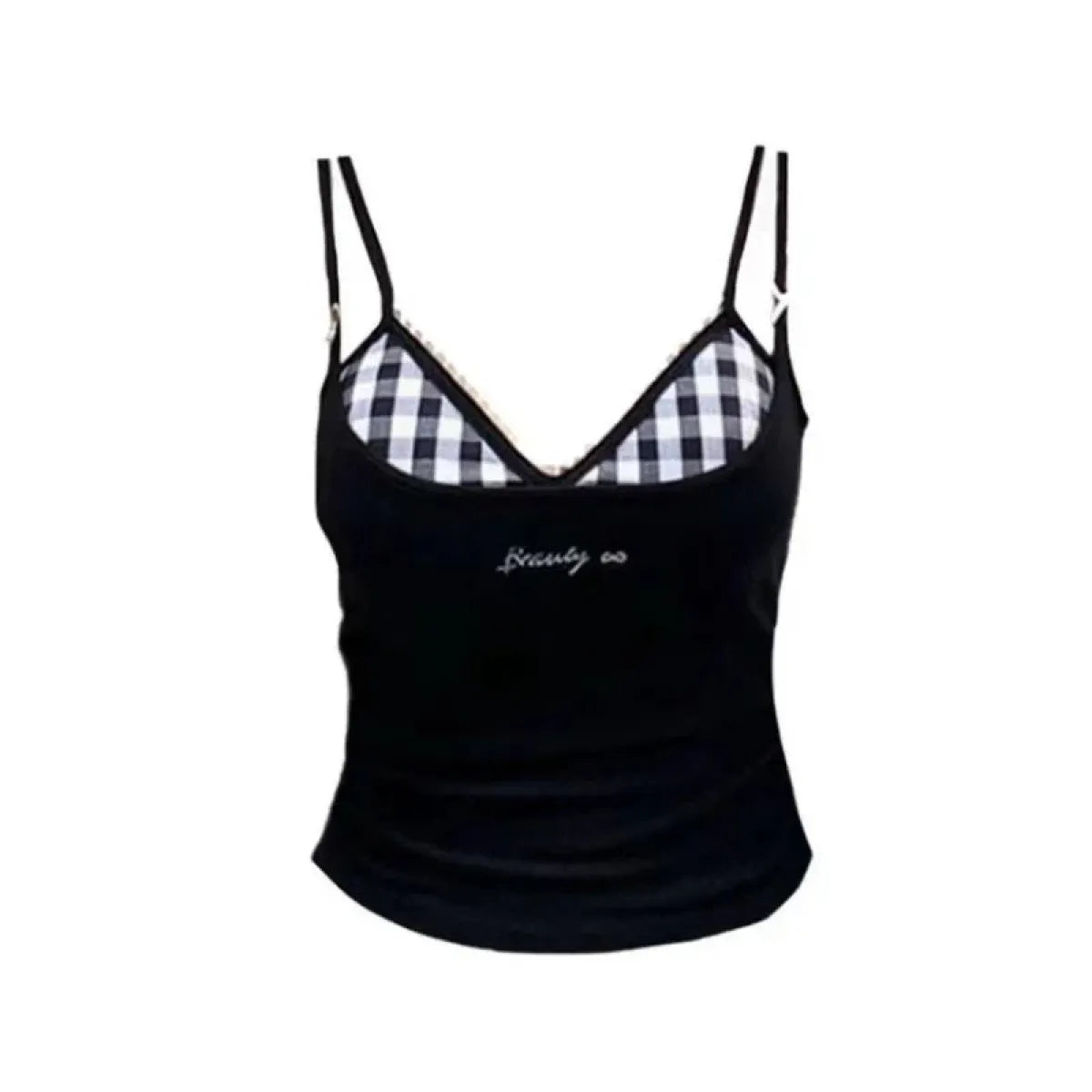 Plaid Y2K Layered Camisole – Retro Korean Aesthetic - Best Sellers - Sleeveless - Round - Camisole - 1