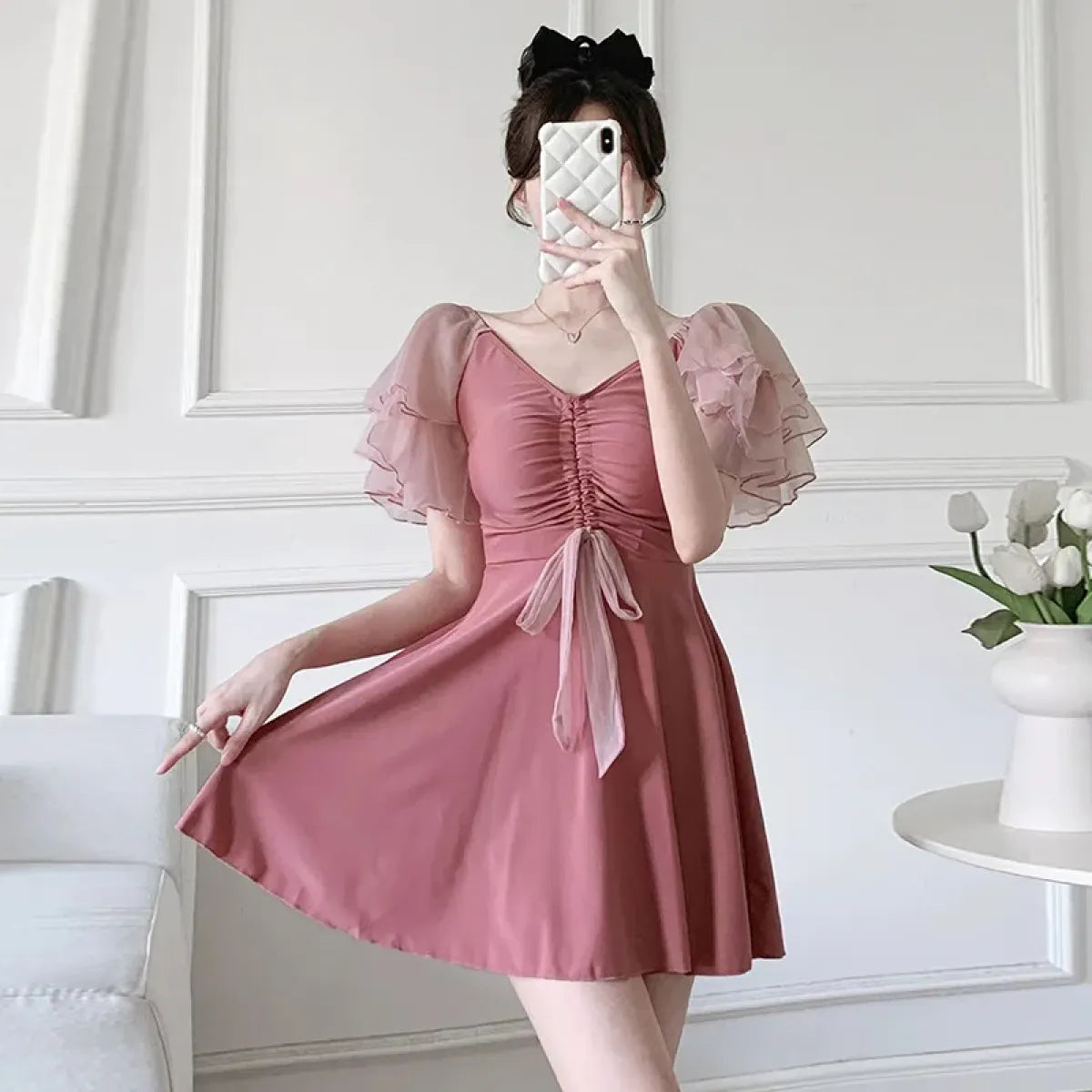 Puff Sleeve Drawstring Mini Dress – Sweet Kawaii Beachwear - All Dresses - Short - Swimwear - 1