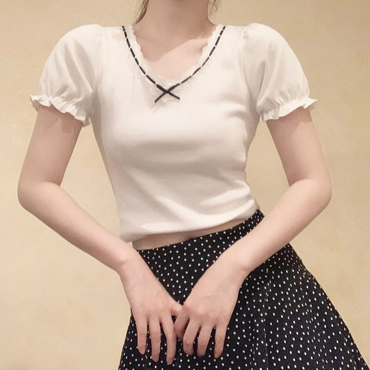 Ribbon Lace Trim Puff Sleeve T-Shirt - Best Sellers - 7