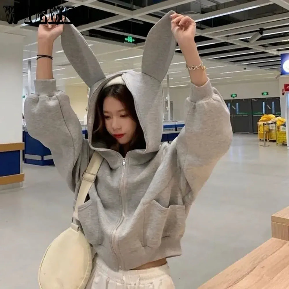 Rabbit Ear Zippered Hoodie - Women’s Cute Short Top in Gray Korean Preppy Style - Best Sellers - 1