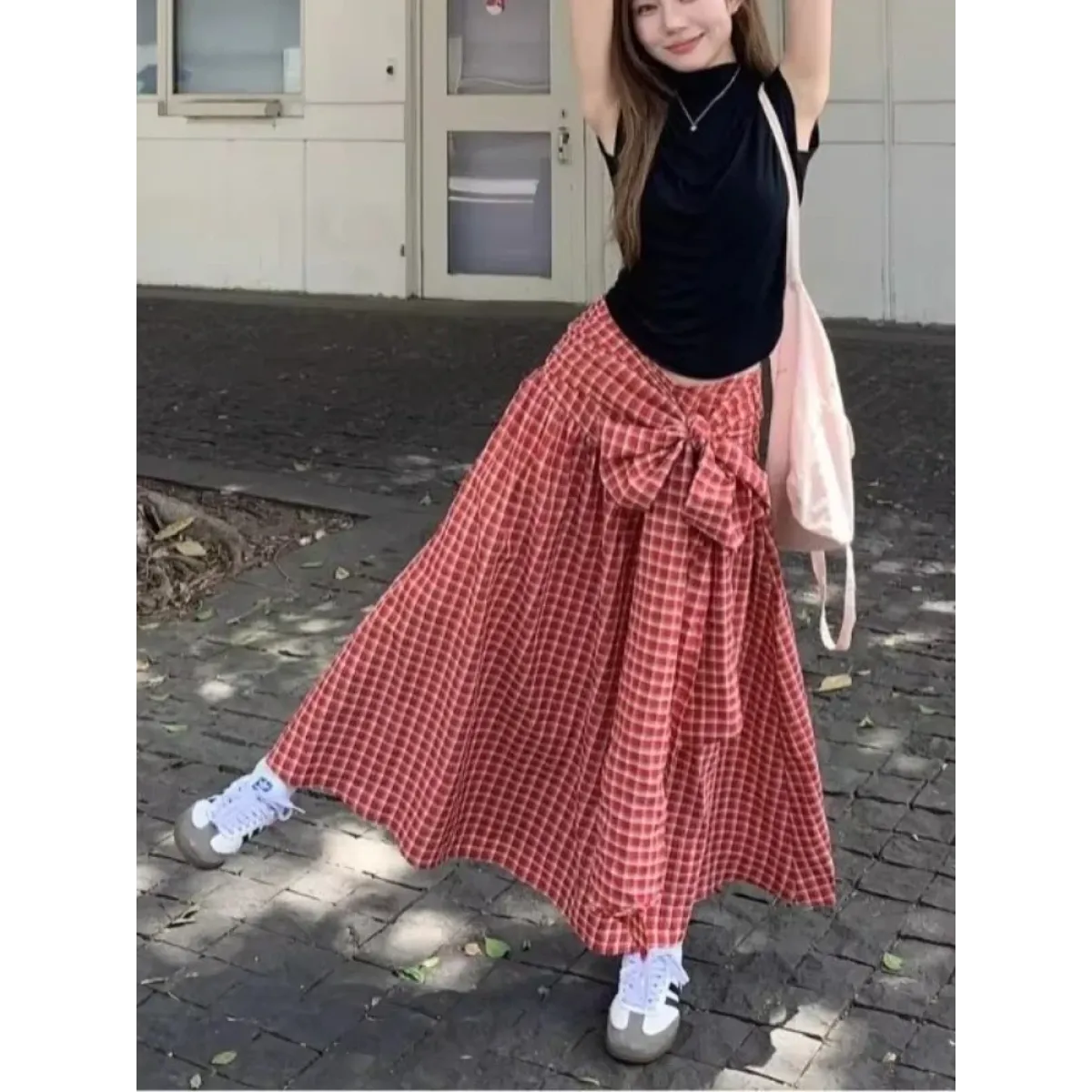 Red Plaid Bow Long Skirt – Y2K Harajuku Style - Best Sellers - Skirts - 1