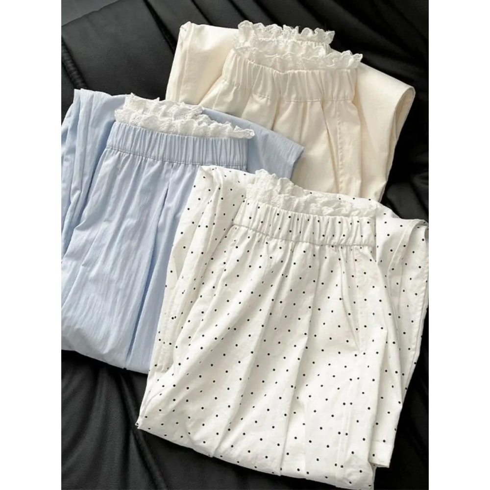 Lace Trim Wide Leg Pants – Retro Y2K Harajuku Casual Trousers - Best Sellers - Women’s Pants - 1