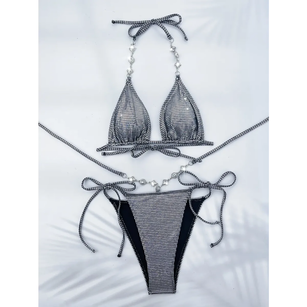 Rhinestone Halter Bikini Set – Glitter Tie Thong Swimwear - Best Sellers - Strapless - Swimwear - 1