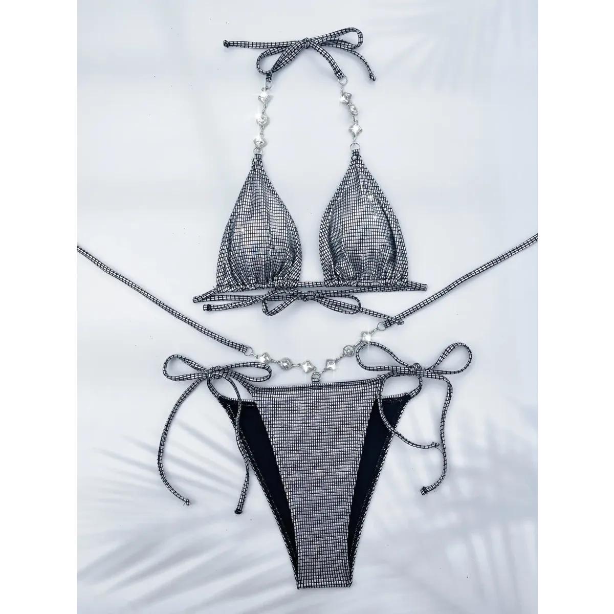 Rhinestone Halter Bikini Set – Glitter Tie Thong Swimwear - Best Sellers - Strapless - Swimwear - 1