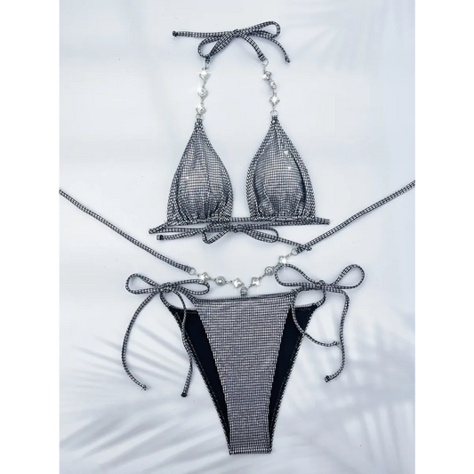Rhinestone Halter Bikini Set – Glitter Tie Thong Swimwear - Best Sellers - Strapless - Swimwear - 1
