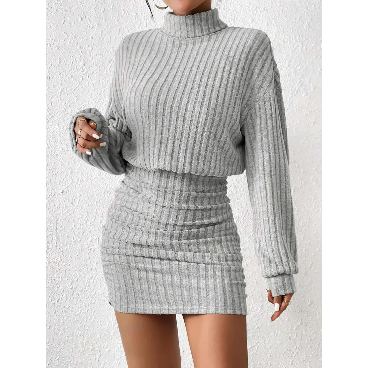 High Neck Ribbed Knit Sweater Dress - All Dresses - Sweater / Pullover - 1