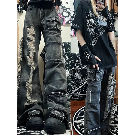Ripped Cargo Jeans – Y2K E-Girl High Waist Streetwear Denim - Best Sellers - Women’s Pants - 1