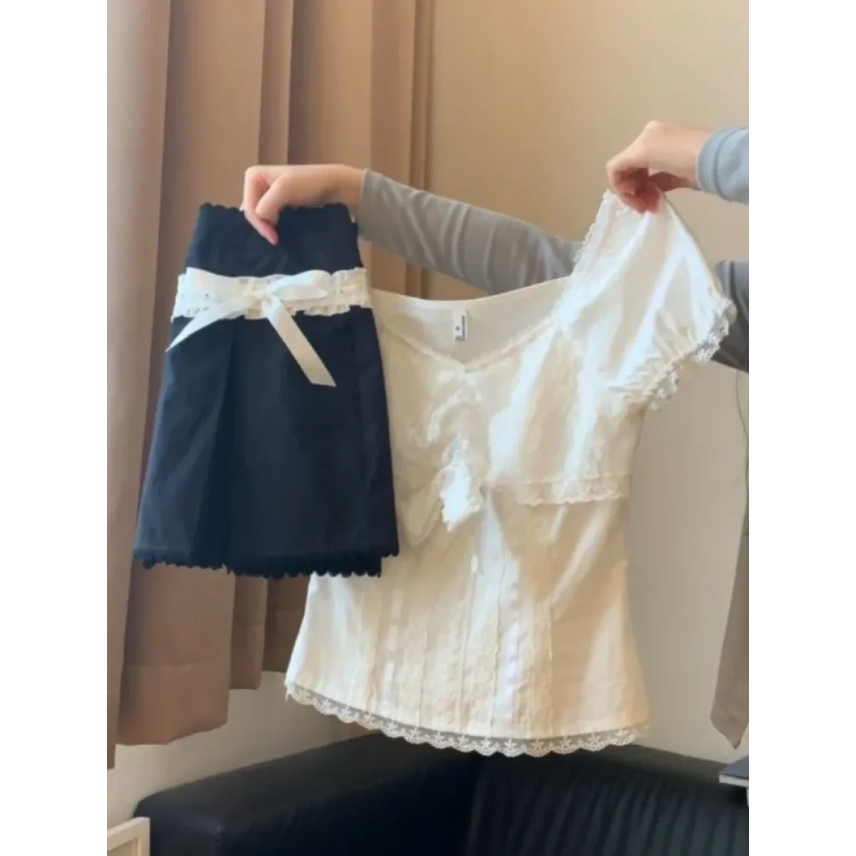 Vintage Lace Top & Ruched Bow Skirt Set - Best Sellers - Sets / Co-ords - 1