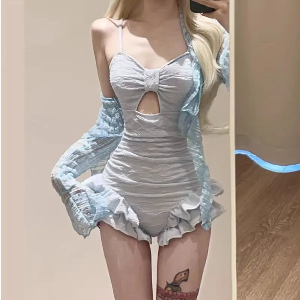 Ruched Ruffle Bodysuit Bikini – Korean Swimsuit Set with Mesh Cover - Best Sellers - Sleeveless - Swimwear - 1