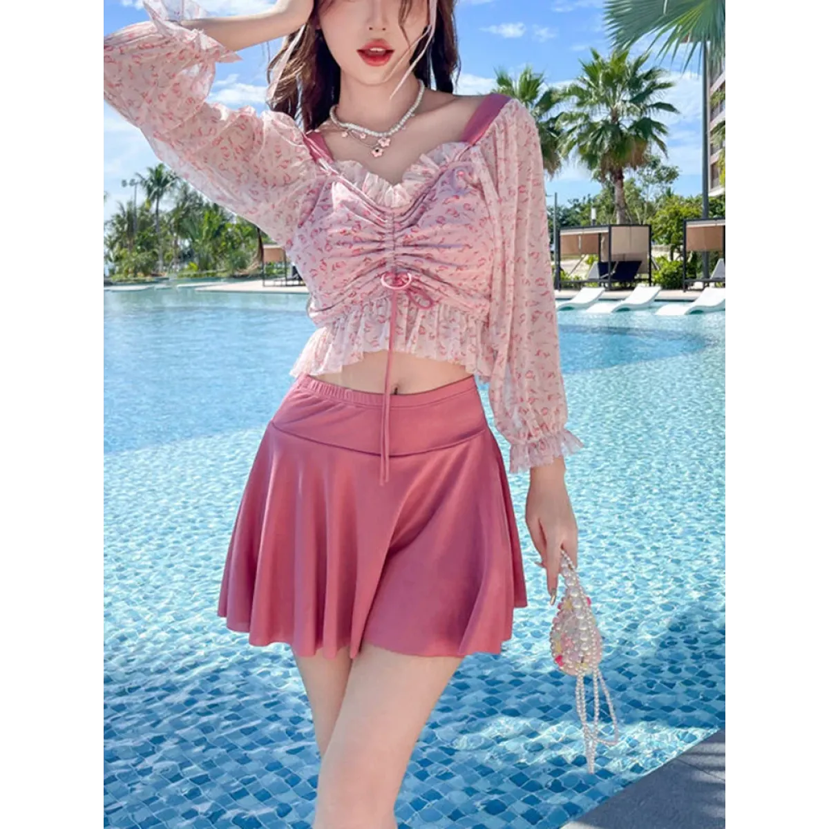 Ruffled Long Sleeve High Waist Swim Skirt Set - Best Sellers - Swimsuits - 1