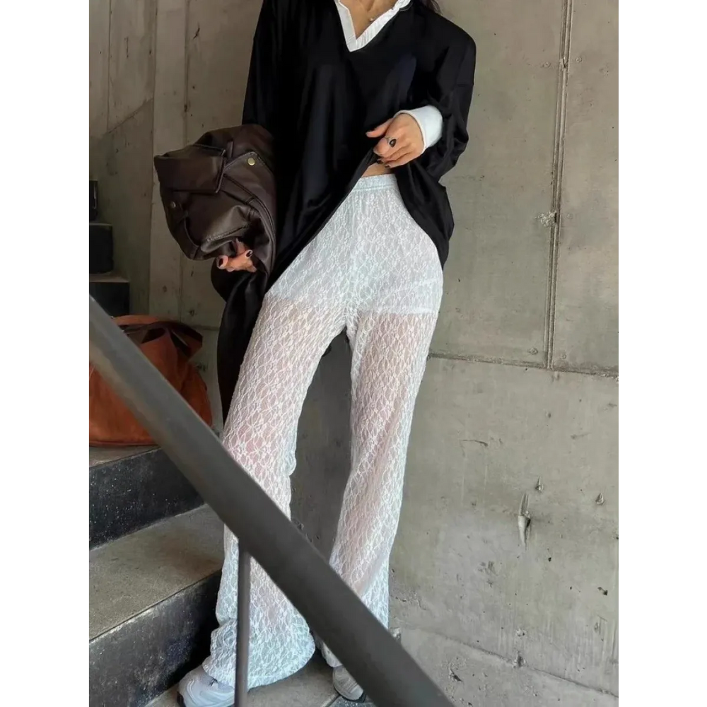 Sheer Lace Wide Leg Pants with Elastic Waist - Best Sellers - Pants - 1