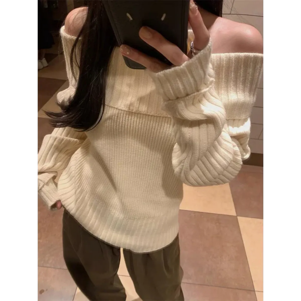 Beige Off Shoulder Knit Sweater – Elegant Harajuku Long Sleeve Pullover - Best Sellers - Off-Shoulder - Sweaters - 1