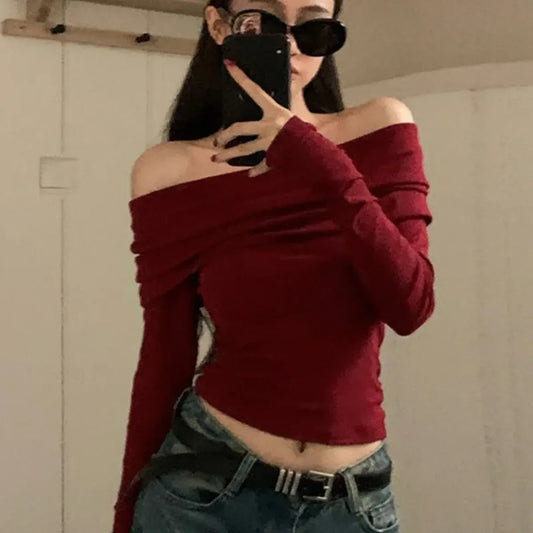 Off-Shoulder Korean Slim Fit Pullover Top - Best Sellers - Blouse - 7