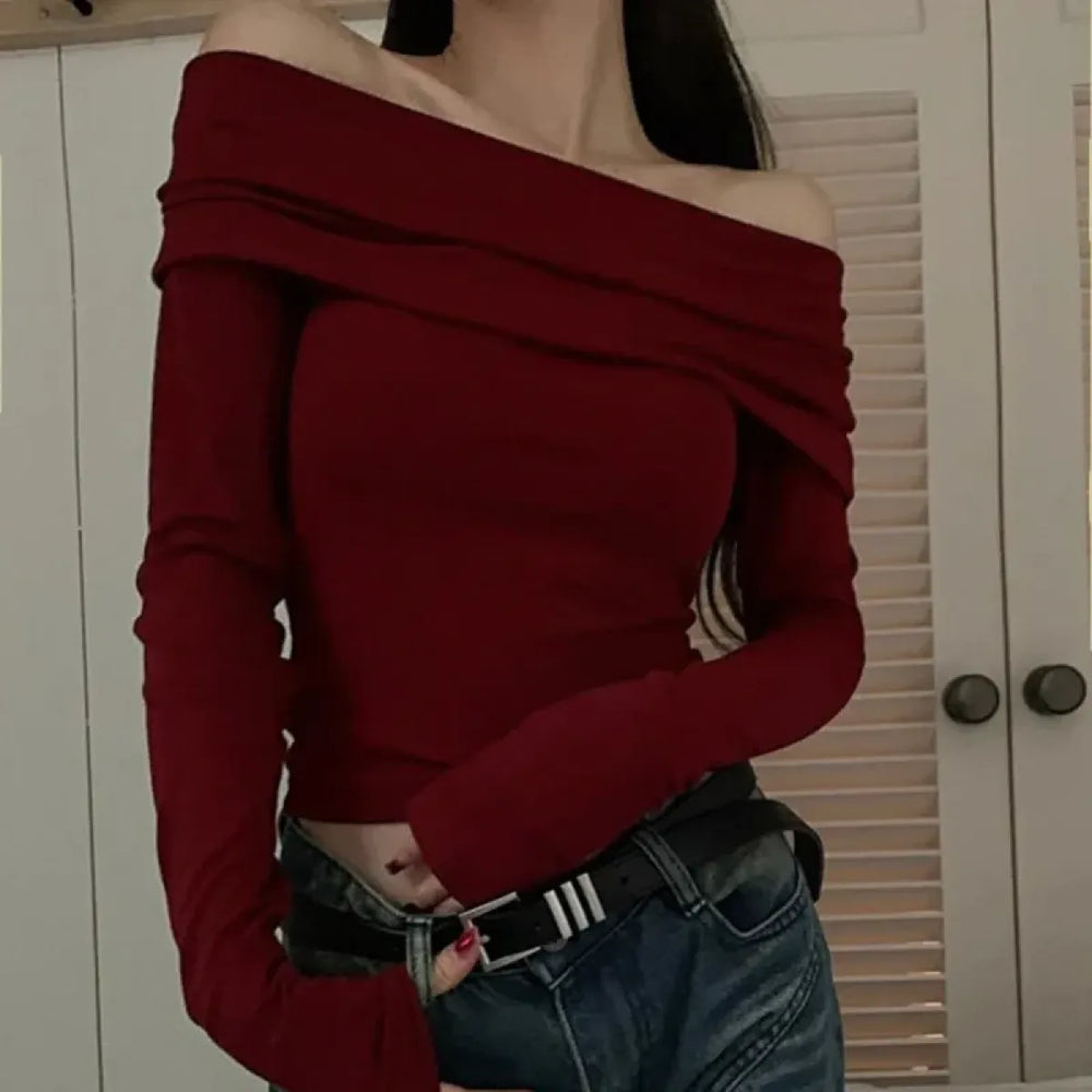 Off-Shoulder Korean Slim Fit Pullover Top - Best Sellers - Blouse - 1
